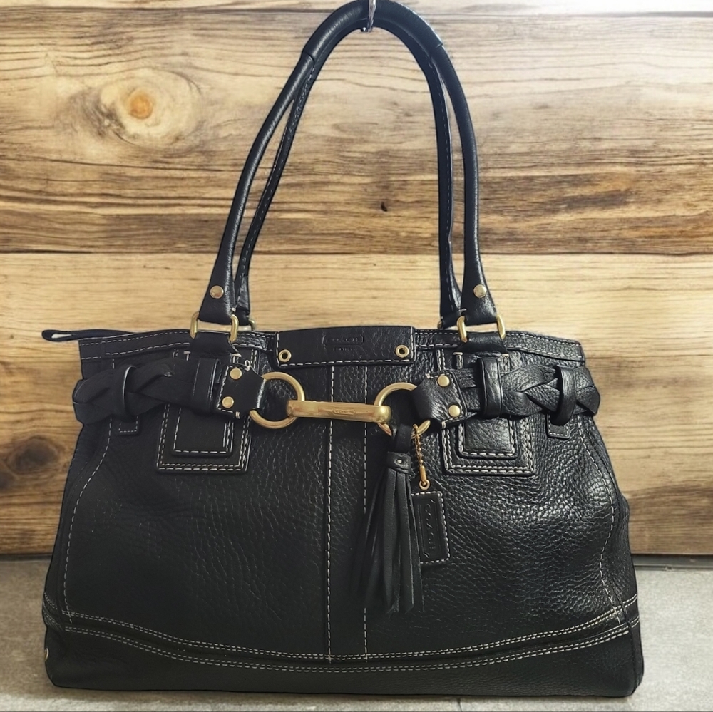 Coach Hamptons Black Pebbled Leather Satchel Tote Bag Large in EUC